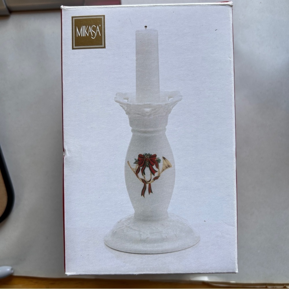 Mikasa Single White Candle Holder Red Bow Gold Horn Holiday Lace 5.5”